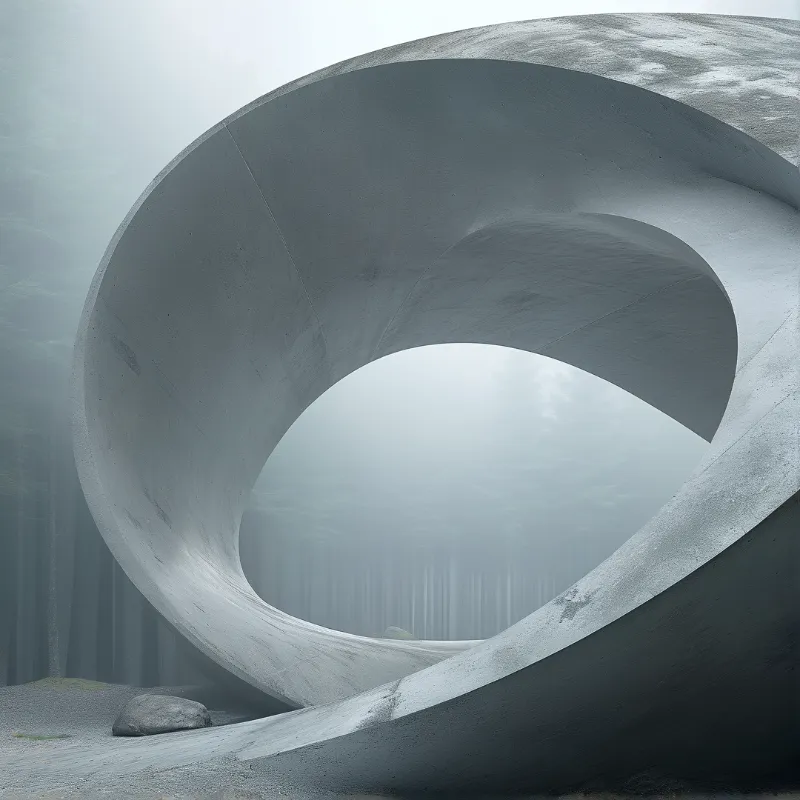 A large weathered concrete torus sculpture sits in a foggy pine forest with soft diffuse grey light filtering through the distant haze.