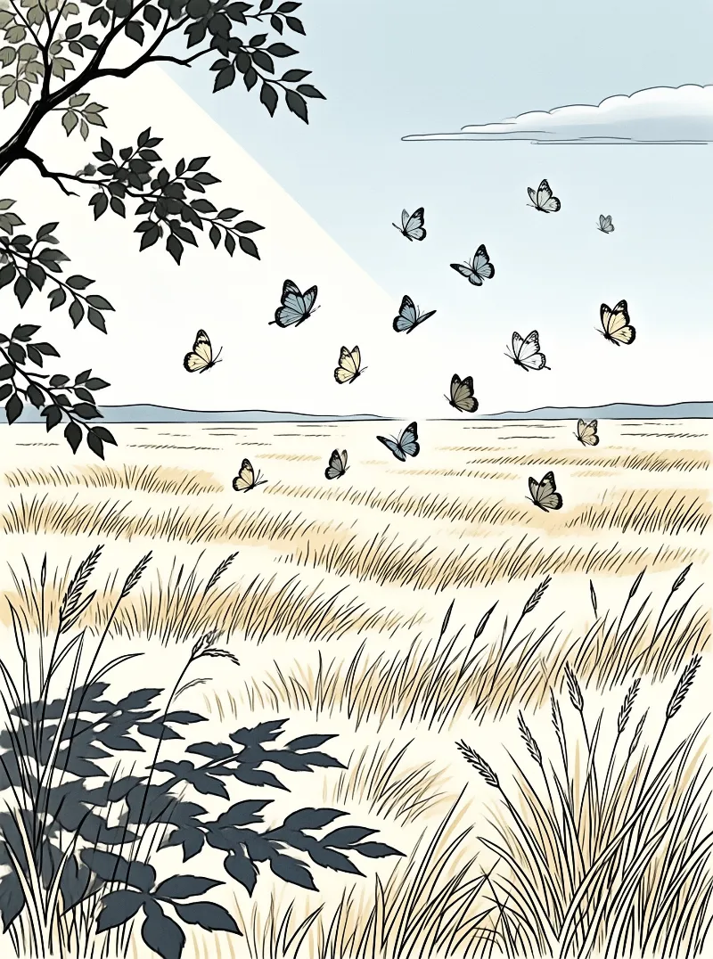 Blue and pale butterflies float over a bright golden grassy meadow, with dark leafy tree branches framing the top left.