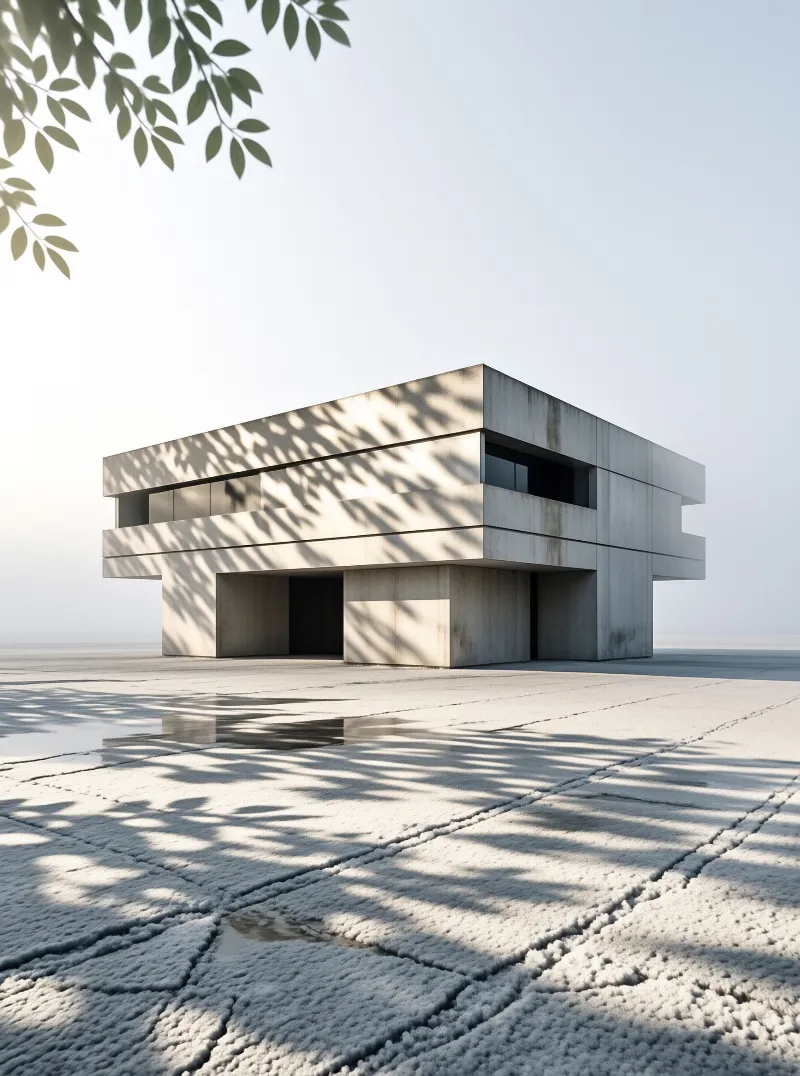 A minimalist concrete building sits isolated on a vast white salt flat with dappled shadows cast by nearby leaves.