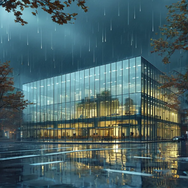 Warm indoor lights illuminate a transparent office building while heavy rain falls on a dark urban street reflecting the glow.
