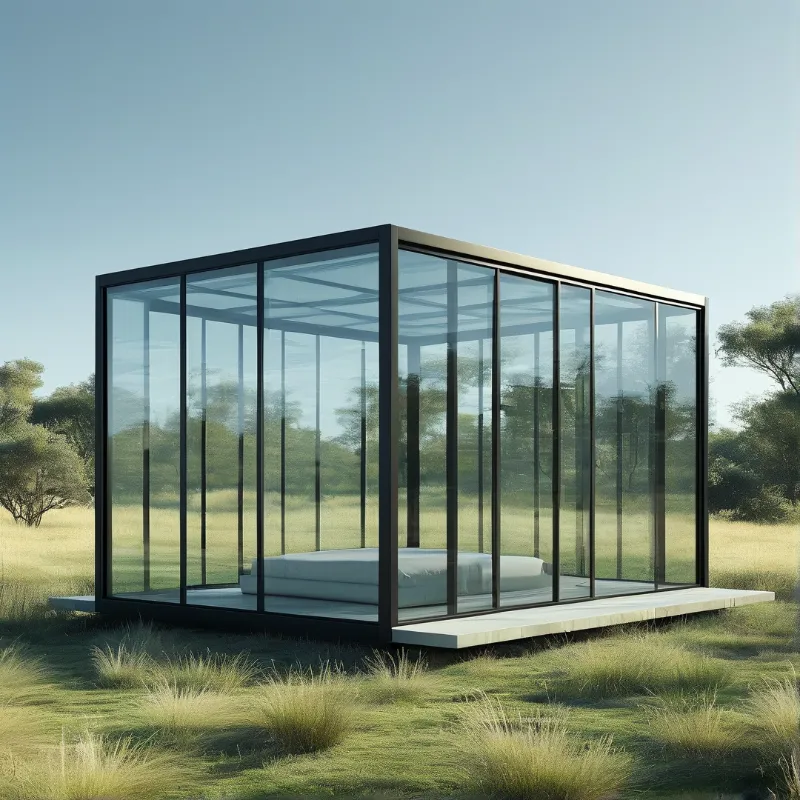 Minimalist transparent sleeping cabin rests on a concrete base within a sprawling meadow under soft daylight conditions.