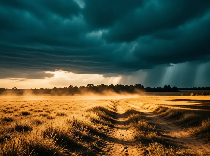 A winding dirt path winds through a sunlit grassy field while dark storm clouds gather above the horizon.