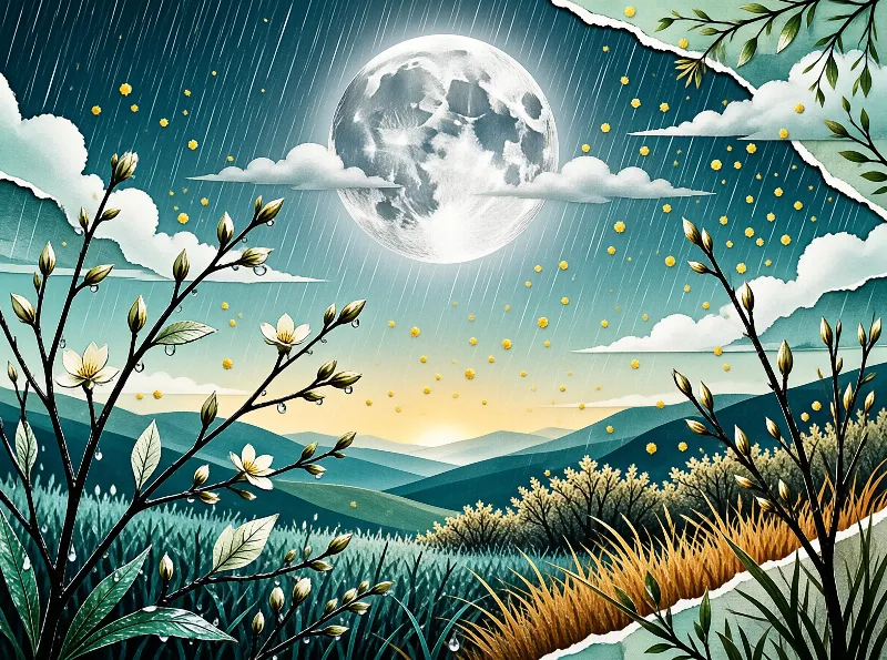 A large moon hangs in a teal sky while yellow rain falls on flower branches and rolling hills.