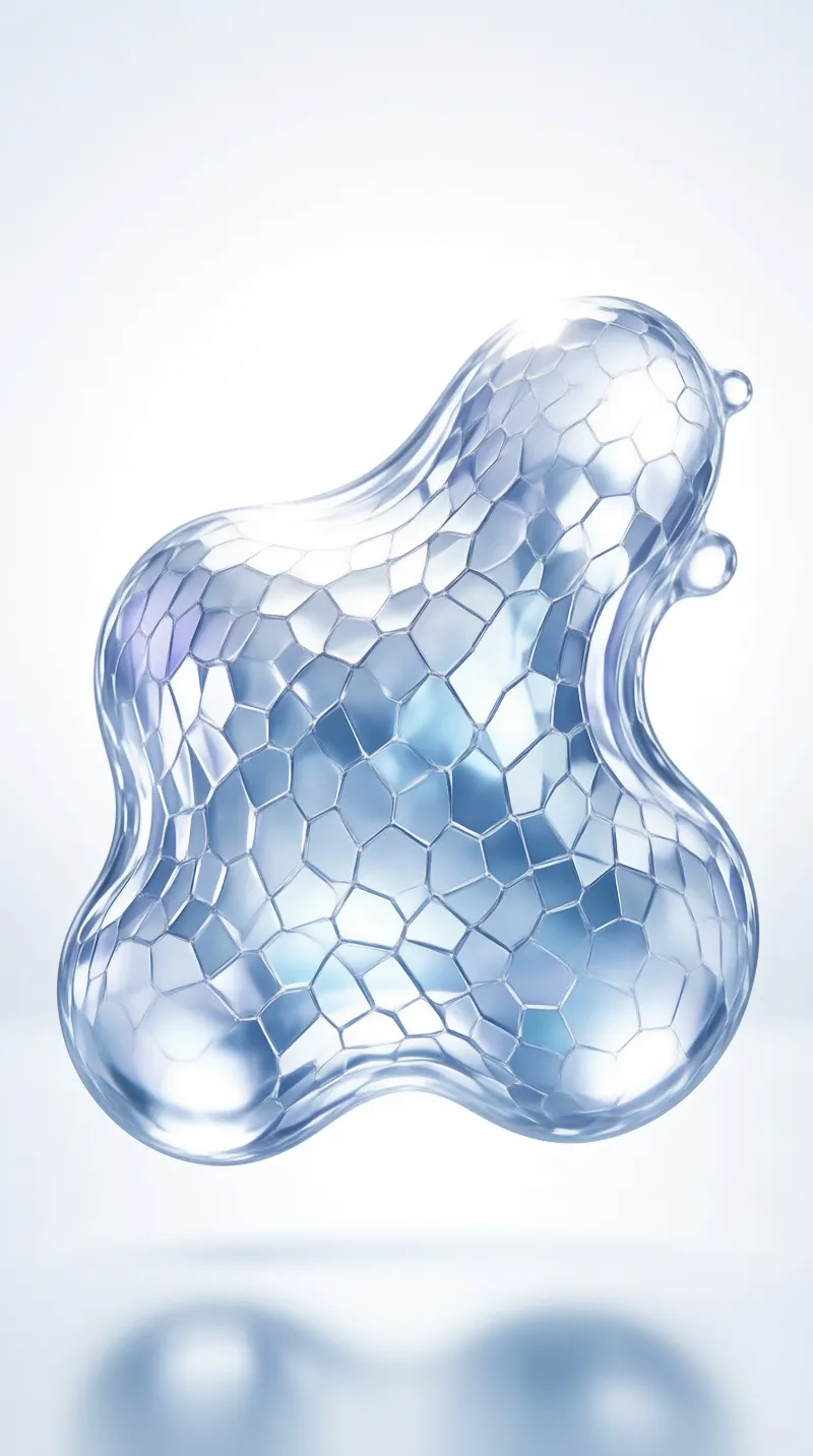 A translucent blue object with a hexagonal cell pattern floats above a white surface casting a soft shadow.