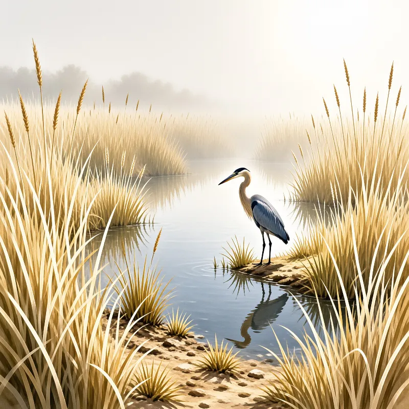 A solitary grey wading bird rests on a tiny island amidst a field of sunlit reeds and thick fog.