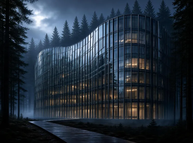 Modern Glass Building in Forest at Night