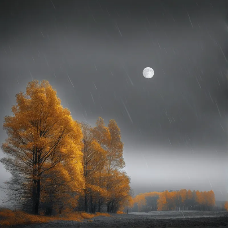 Rows of golden autumn trees line a misty path beneath a dark sky with falling rain and a bright full moon.
