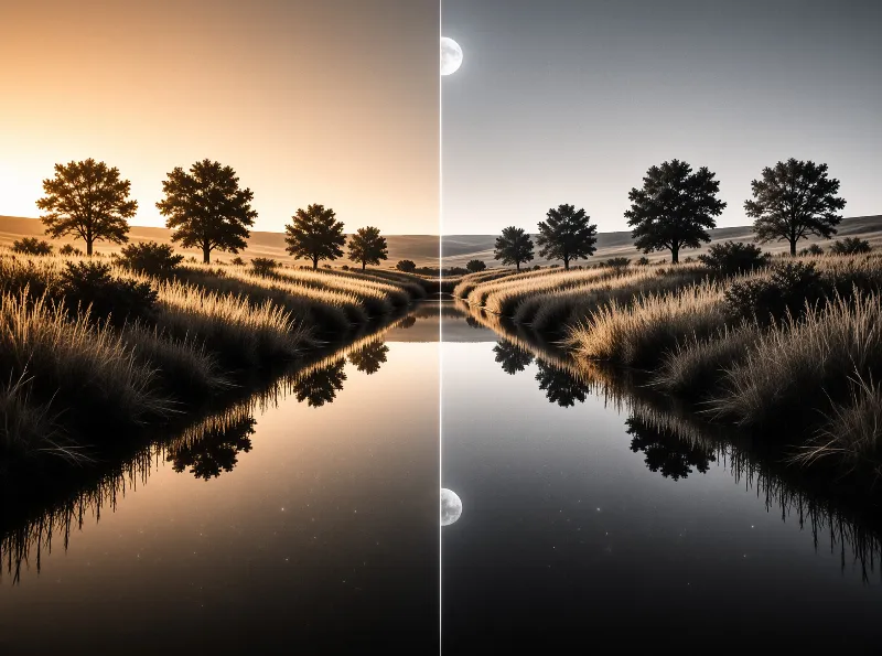 A calm prairie river is split between warm sunrise and cool moonlit night, with mirrored trees and grass in its still water.