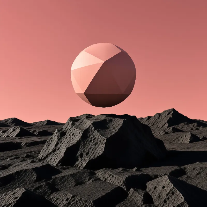 A faceted sphere hovers above jagged black rocks beneath a uniform pink sky with soft lighting.