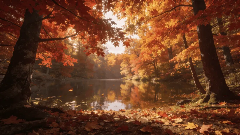 Red Maple Canopy Over a Calm Lake