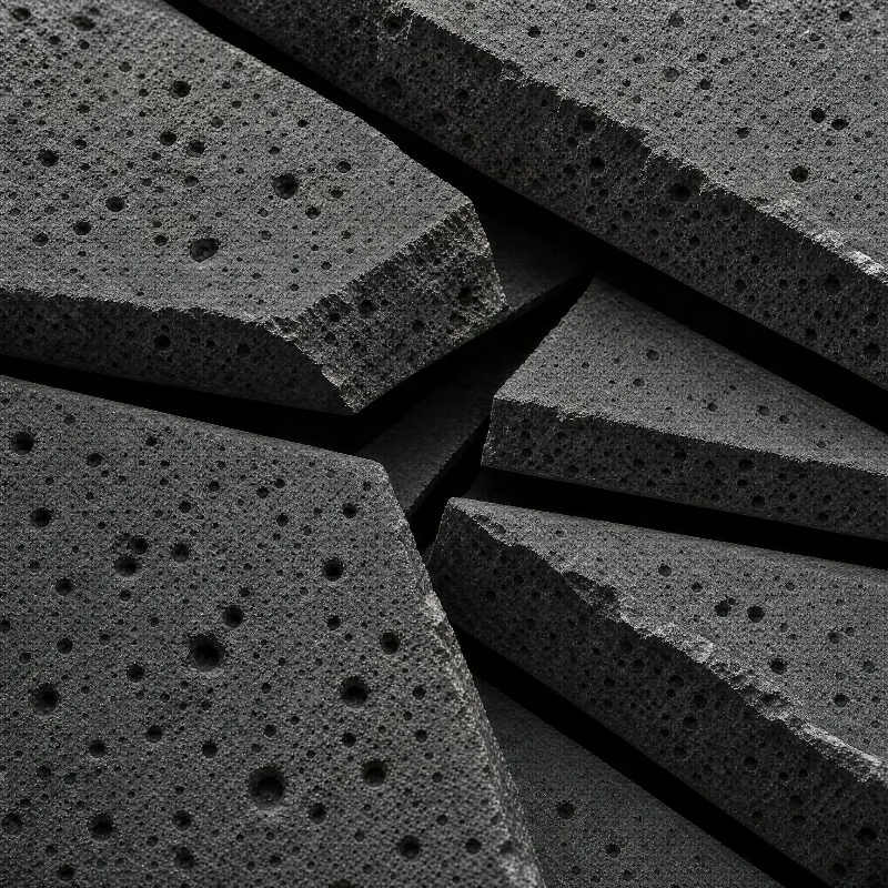 Close-up of rough, porous concrete blocks with dark gray surfaces and visible pores, arranged in overlapping layers with deep shadows between them