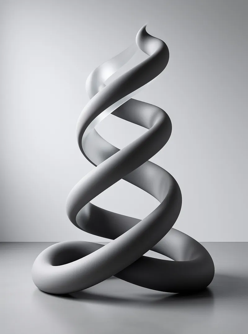 A soft gray coil climbs in smooth spiral turns and settles into a rounded loop on a plain studio floor.