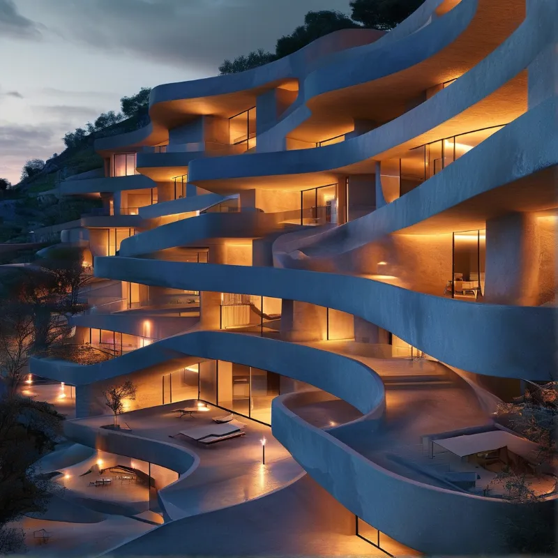 A modern building with wavy concrete forms features warm interior lighting against a dark evening sky.