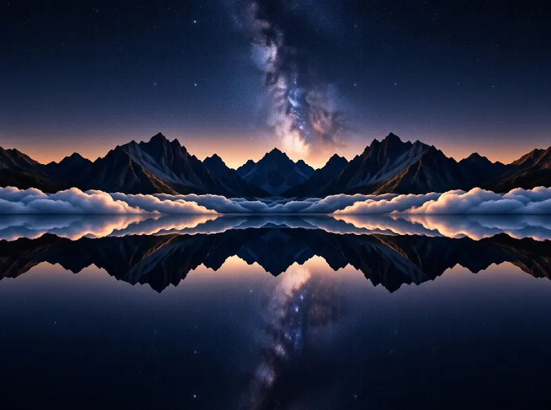 Jagged peaks and a band of clouds double in a glassy lake beneath the galaxy at twilight.