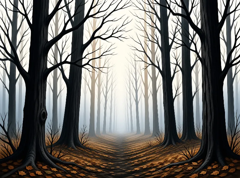 A row of dark leafless trees stands along a winding path covered in autumn foliage while soft fog obscures the background.
