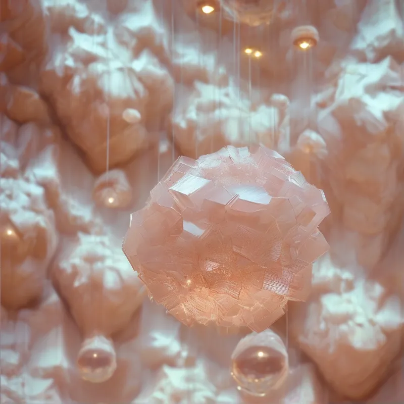 A textured pink crystalline object hangs centrally amidst blurred organic shapes and warm point lights.