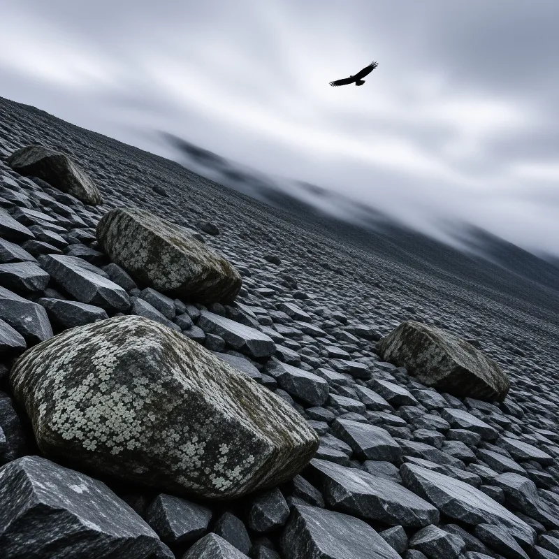 Large mossy rocks sit on a steep gravel slope beneath a cloudy sky where a bird flies.