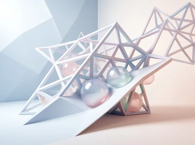 White triangular structures frame smooth orbs reflecting soft pastel illumination in pink and blue.