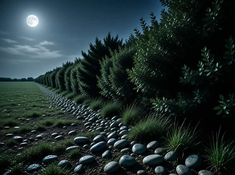 A winding stone path borders a dense green hedge beneath the glow of a large full moon.