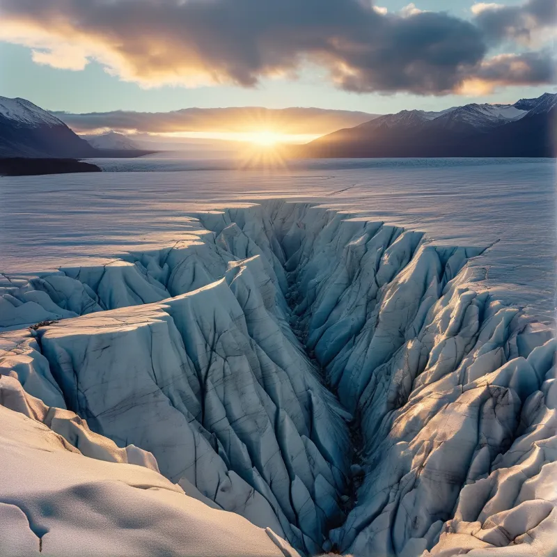 A vast glacier with deep crevasses stretches toward a bright sun shining through clouds above distant mountains.