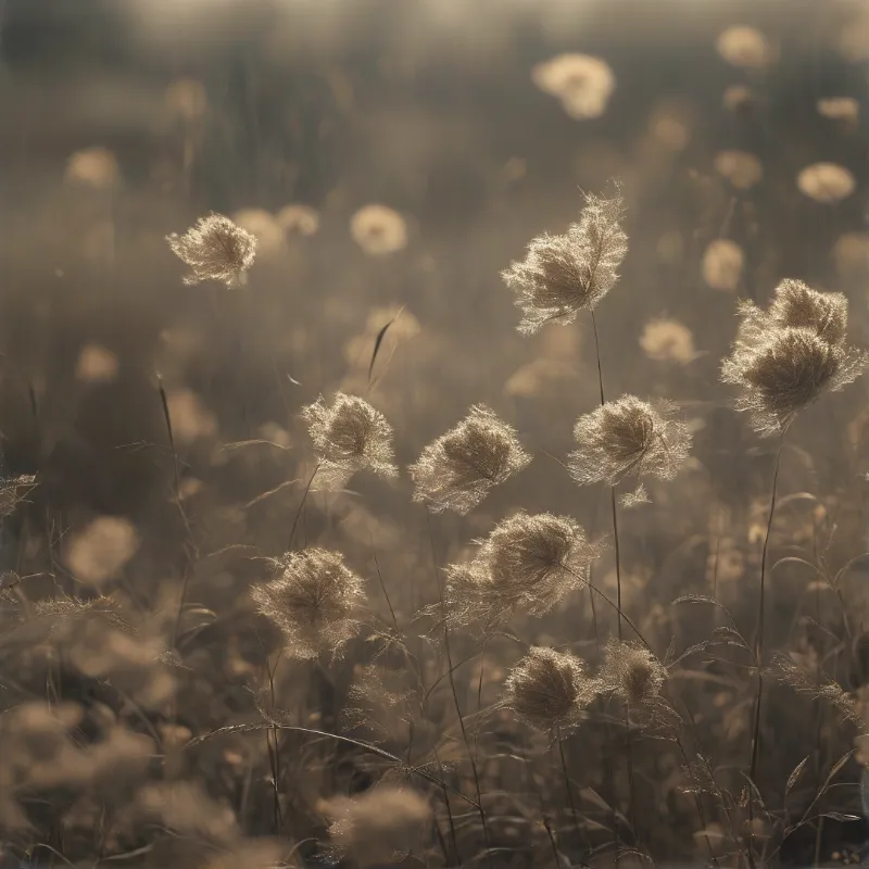 Soft plumes of dried seed grass glow against a hazy amber field, each stem rimmed with fine warm light.