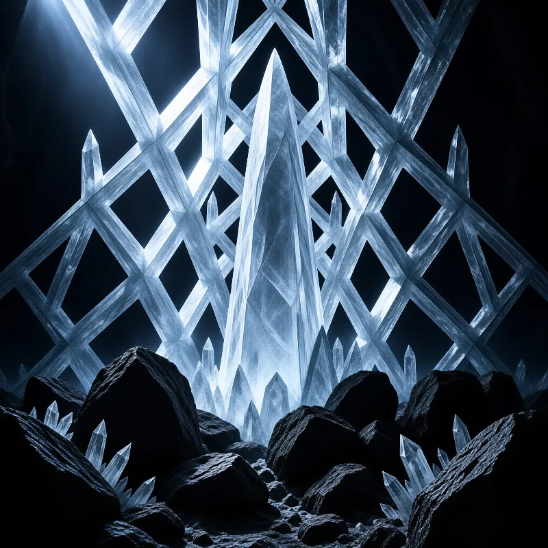 A luminous blue crystal spire stands in a dark cavern surrounded by angular crystal beams and black boulders