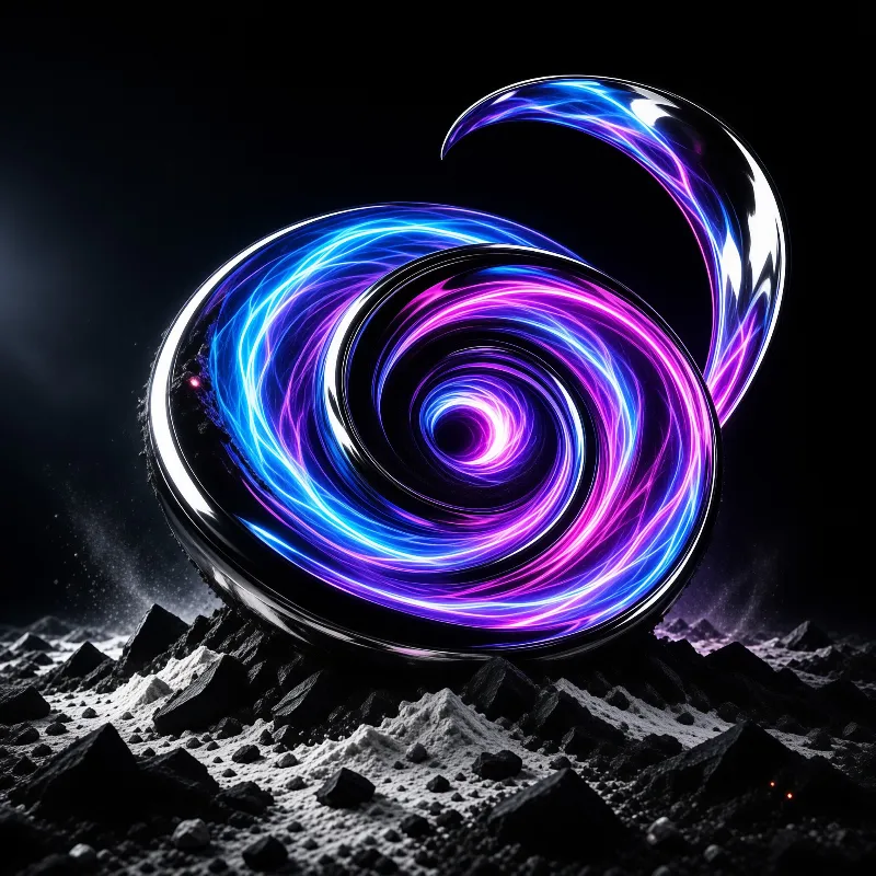 A glossy black sphere wrapped in glowing blue and pink plasma coils stands on grey rubble beneath a dark sky.
