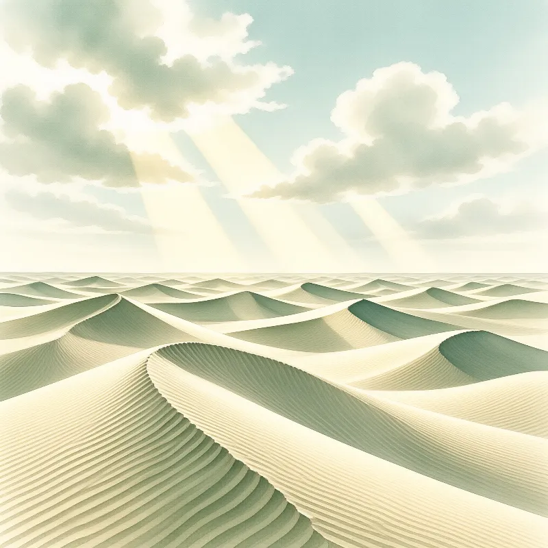 Pale rolling sand dunes span an endless desert, as sunbeams cut through scattered clouds in a soft pale sky.