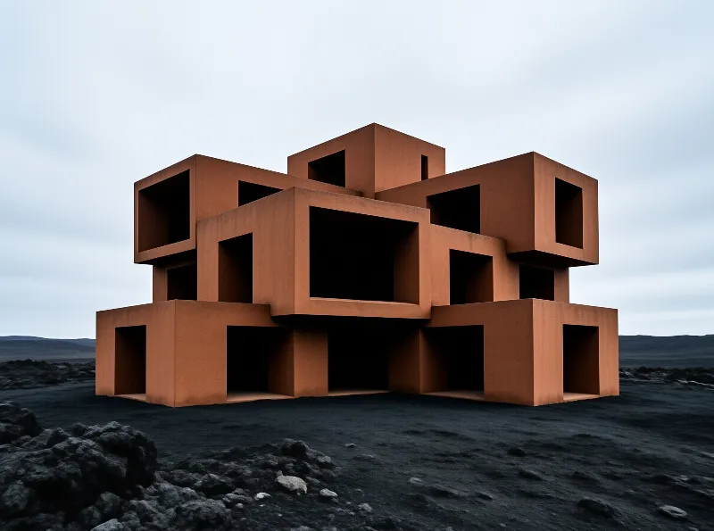 A cluster of hollow orange modular cube structures stands alone on a barren dark volcanic plain under dim overcast skies.