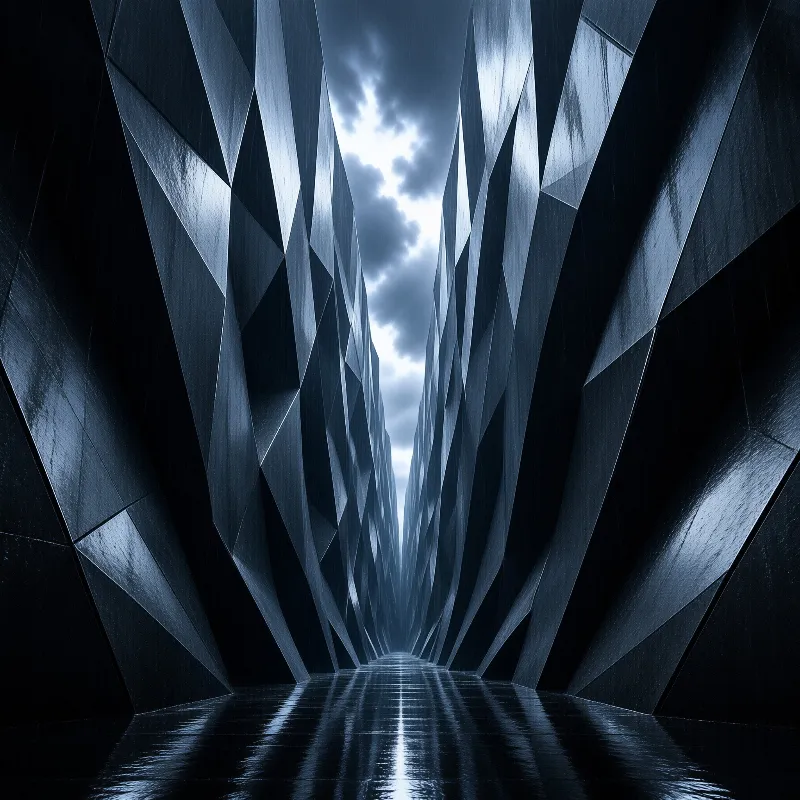 Narrow angular canyon-like corridor with tall dark geometric walls reflecting on a wet floor under bright clouds
