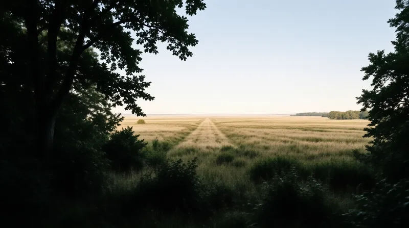A dark forest frame surrounds a wide golden field with a central track leading to the horizon.