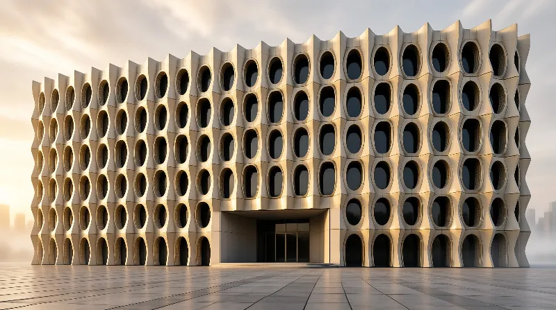 A modern building with a wavy interlocking facade featuring oval openings stands on a paved plaza during golden hour