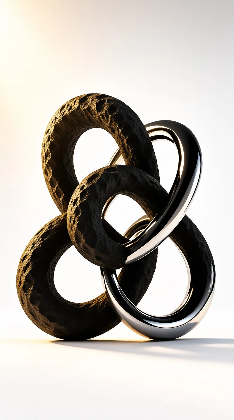 Rough dark stone loops interlace with mirror bright metal against a soft cream backdrop.