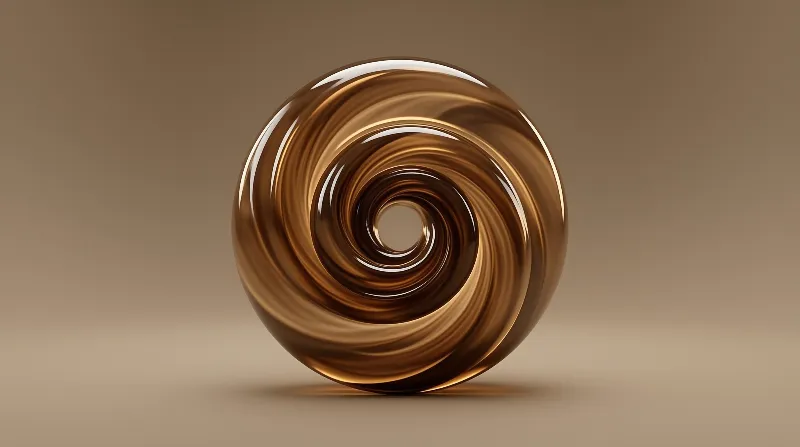 A polished copper-colored vortex disc twists inward toward a hollow center, casting a soft shadow on beige.