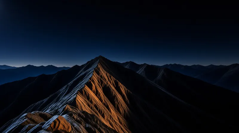 One copper colored arete catches low sun while layered peaks sink into a deep blue twilight sky.