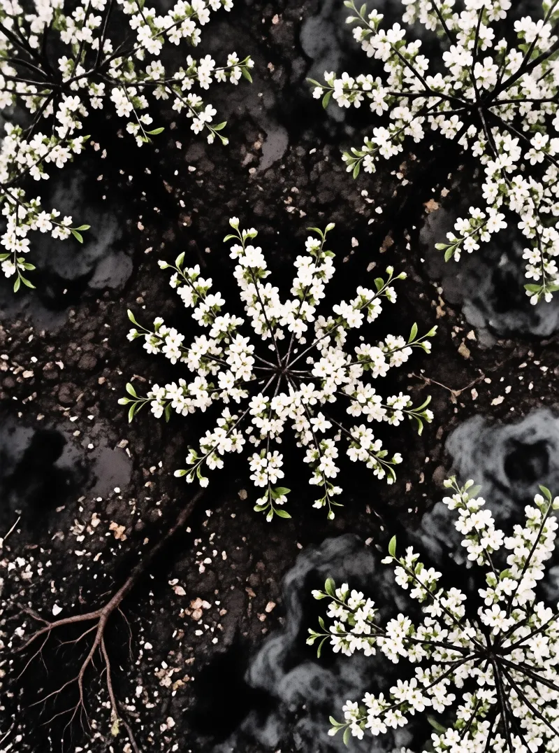 Sprays of tiny five petal white flowers fan out in starbursts over damp black earth scattered with fallen petals.