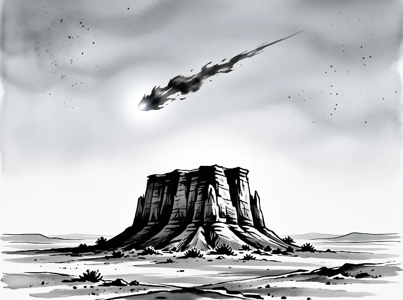 A monochrome sketch depicts a fiery meteor descending above a massive rock formation in a sparse desert environment.