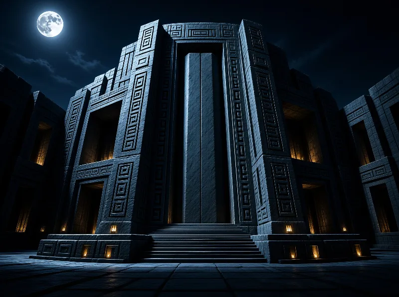 A massive stone building with carved patterns glows with warm light at night under a dark sky containing a full moon.