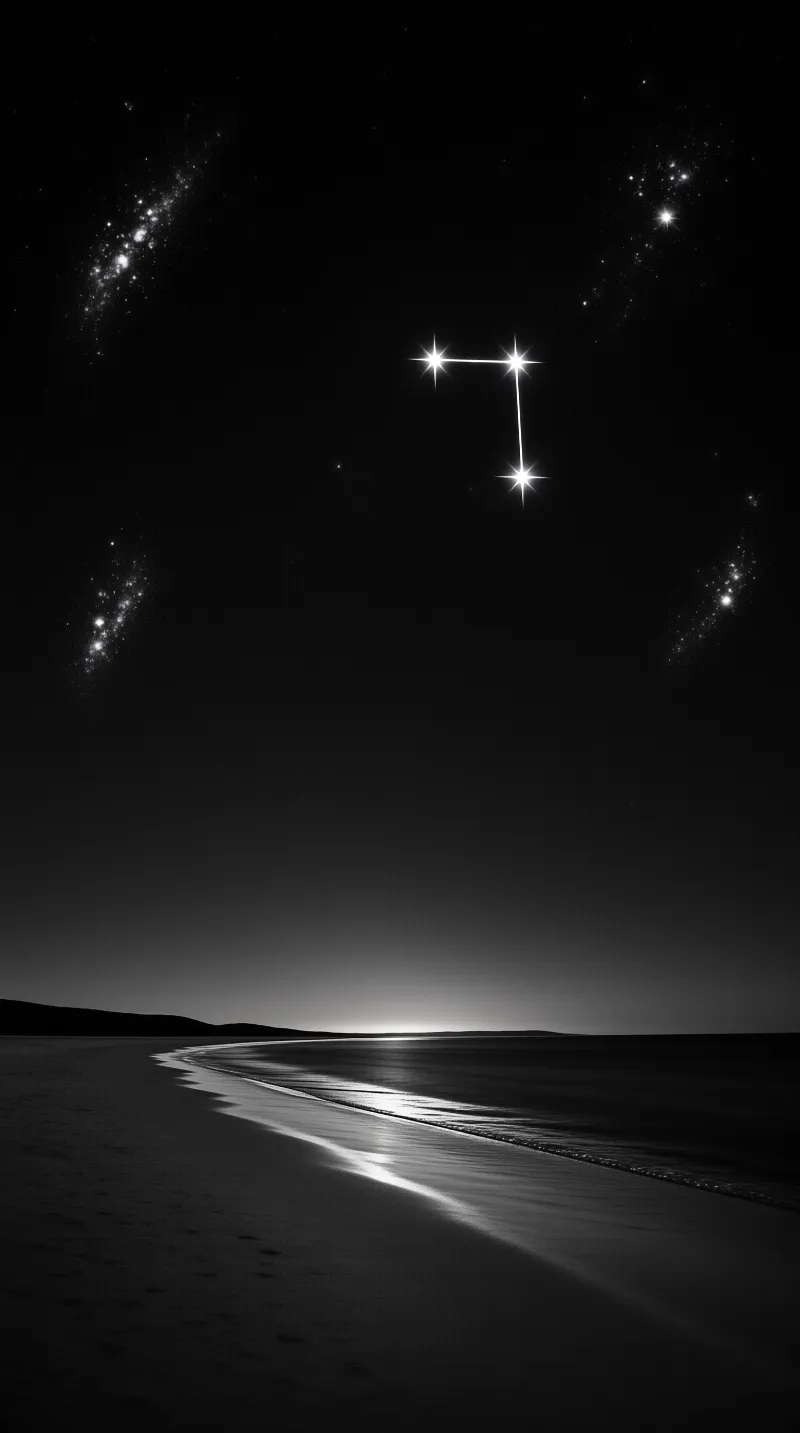 A dark coastline reflects moonlight under a sky filled with prominent star clusters.