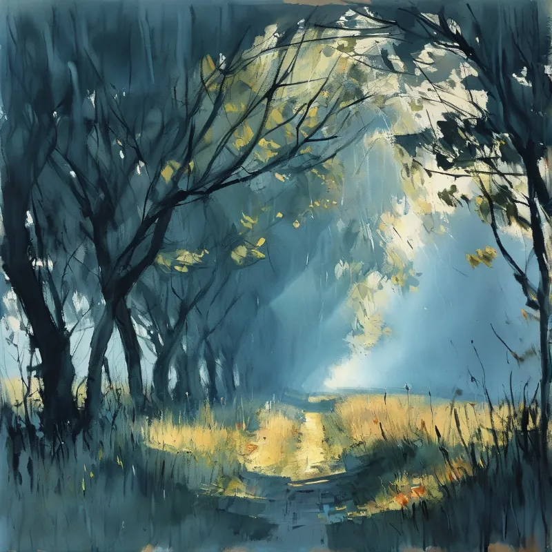 Dark silhouetted trees frame a bright grassy path winding through a misty blue woodland landscape.