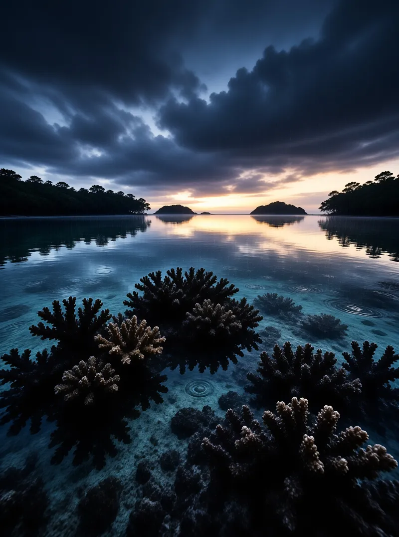 Branching corals rest in glassy turquoise shallows as rain dimples the surface toward a sunset between forested islets.