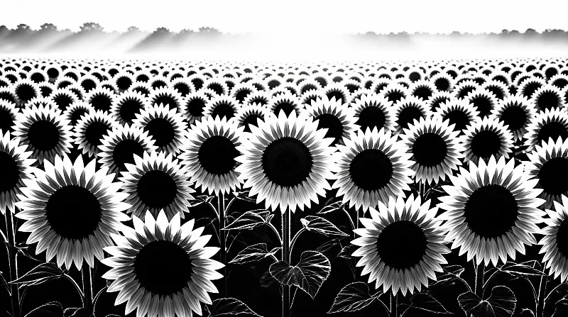 A vast expanse of black and white sunflowers fills the foreground while a misty forest line sits beneath a bright sky.