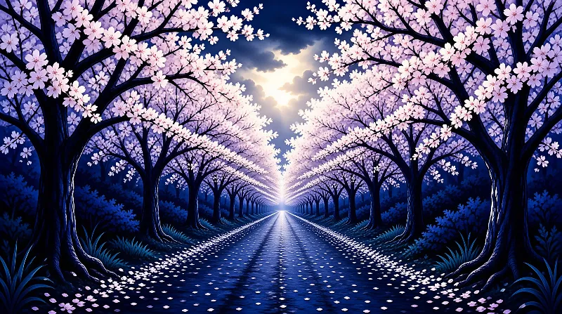 Pale pink blossom trees frame a straight country road where petals scatter beneath a glowing moon.