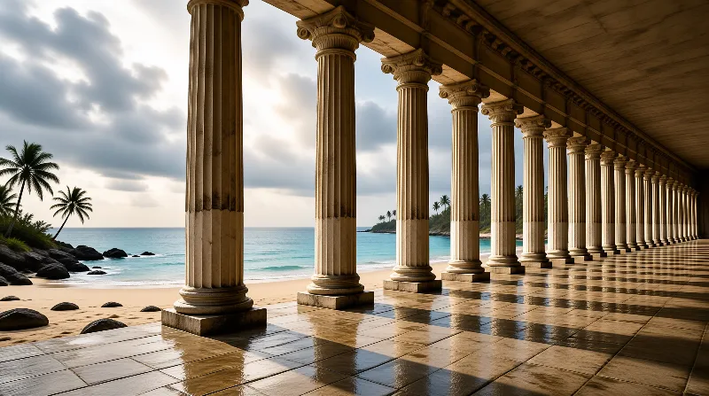 Colonnade Along Wet Beach With Ocean View