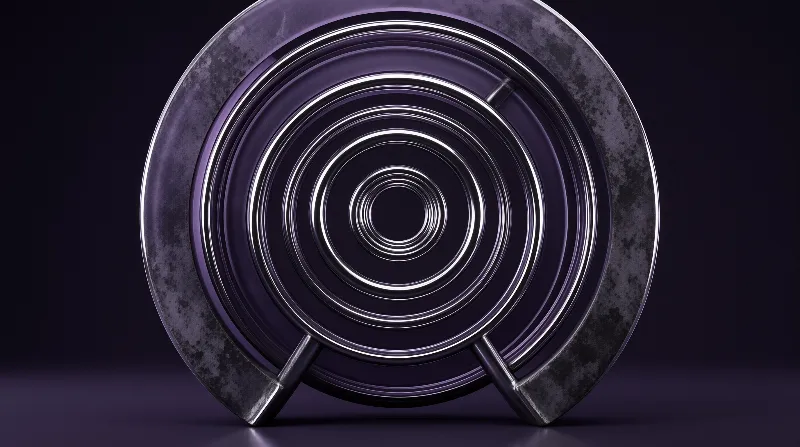 A three-dimensional rendering of a circular device featuring multiple glowing metallic rings arranged in concentric circles against a dark purple background.