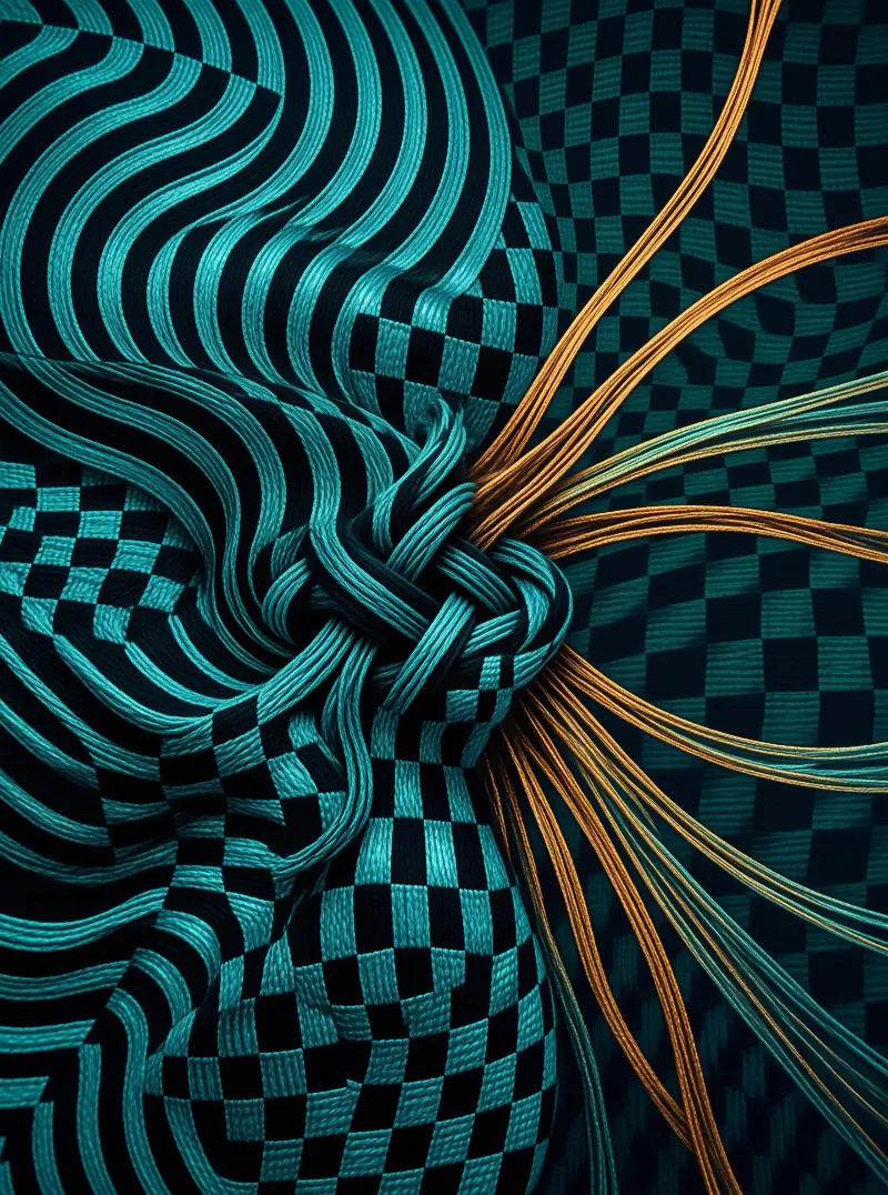 Teal and copper fibers form a tight knot amidst a distorted checkerboard background with wavy blue lines.
