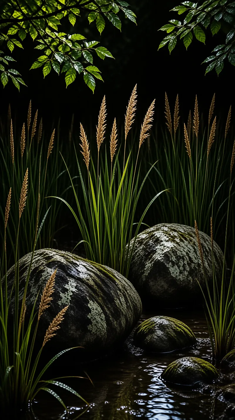Large lichen-covered rocks rest among tall grasses near a dark stream with leaves hanging above in low light.