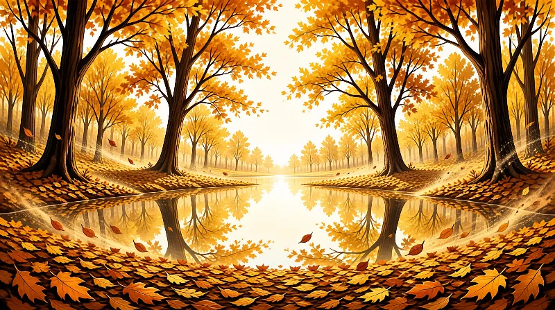 Tall trees with amber leaves flank a calm reflective pond that glows softly in the center of an autumn landscape.