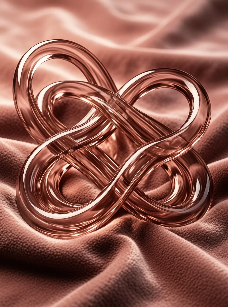 A glossy copper twisted loop ornament rests on soft warm mauve draped velvet, with warm light creating bright highlights along its smooth polished curved edges.