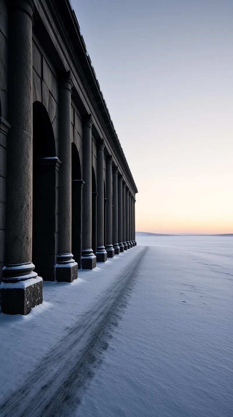 Dark stone pillars line a frozen white plain under a sky shifting from blue to orange at the horizon.